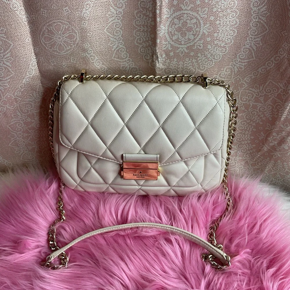 Kate Spade Quilted Cream Crossbody Bag Gold Chain Neutral Classic